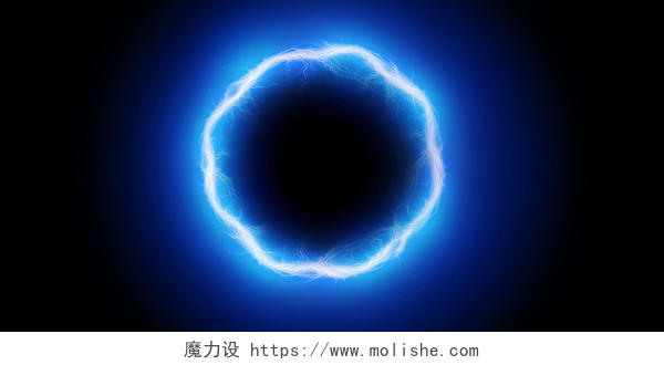 蓝色科技光圈圆圈闪电线条光效渐变圆环黑色背景